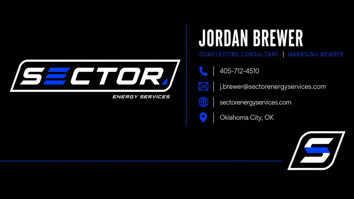 A black business card or digital profile layout for Sector Energy Services, featuring the company logo on the left, contact details for Jordan Brewer on the right, and a stylized S logo in the bottom right corner.
Completions Consulting & Operator Representation
Experienced field leadership supporting safe, efficient completion operations across Oklahoma and the United States.